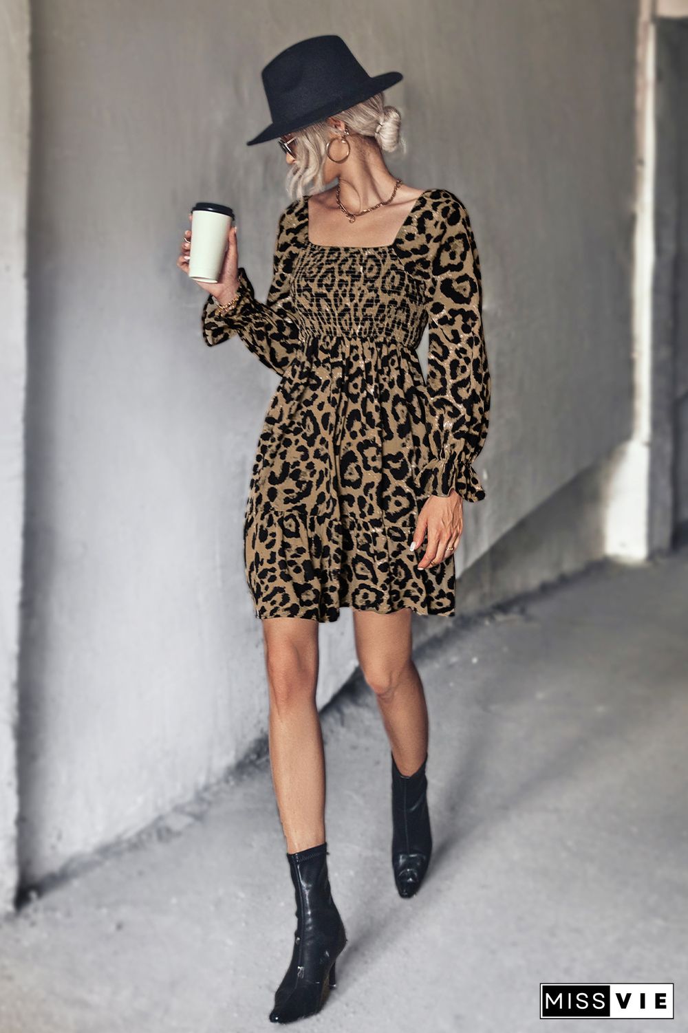 Smocked Square Neck Leopard Print Mini Dress