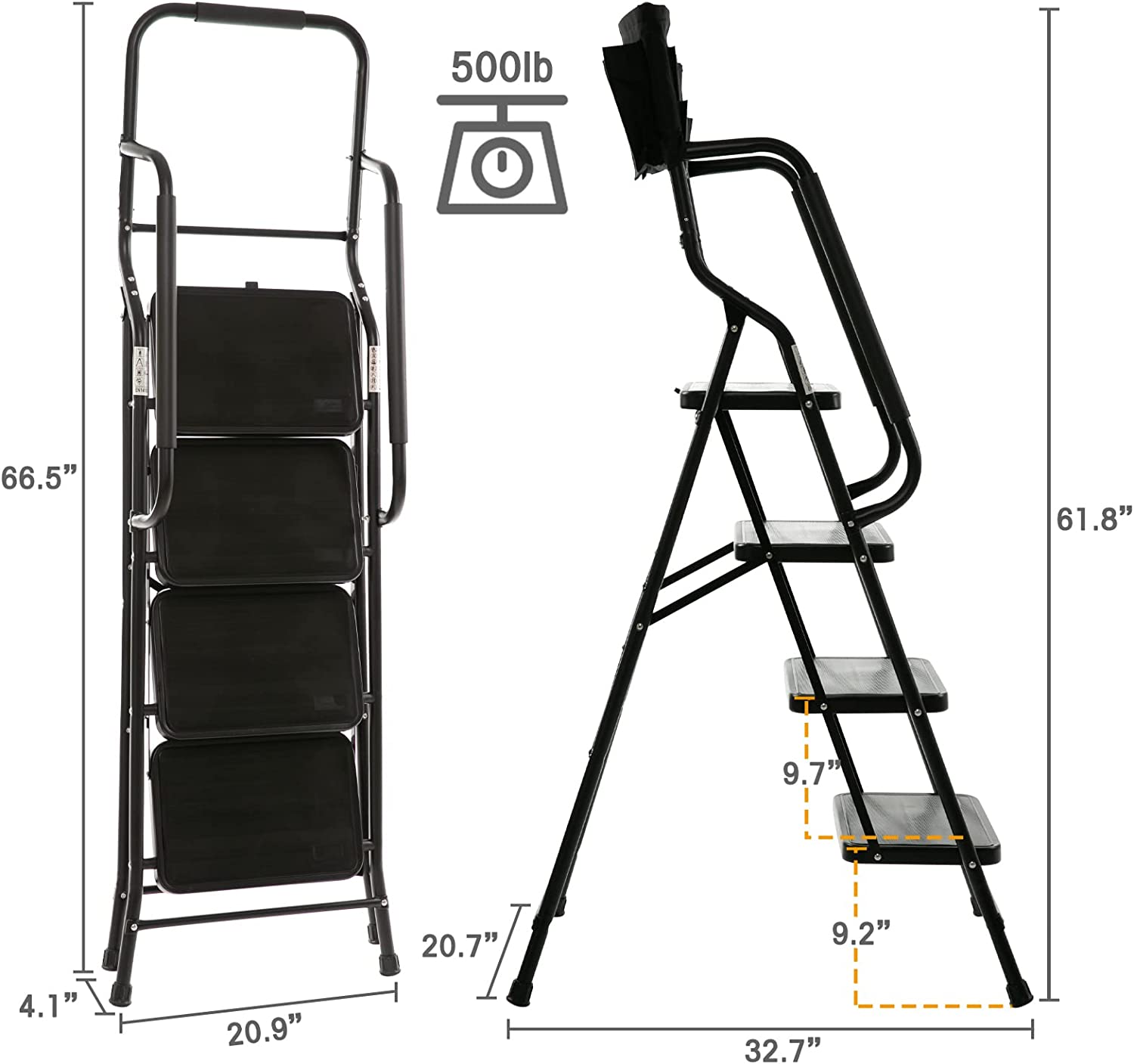 Usinso 4 Step Ladder Tool Ladder Folding Portable Steel Frame MAX 500 lbs Non-Slip Side armrests Large Area Pedals Detachable ToolBag Suitable for Home Office Engineering（Black）