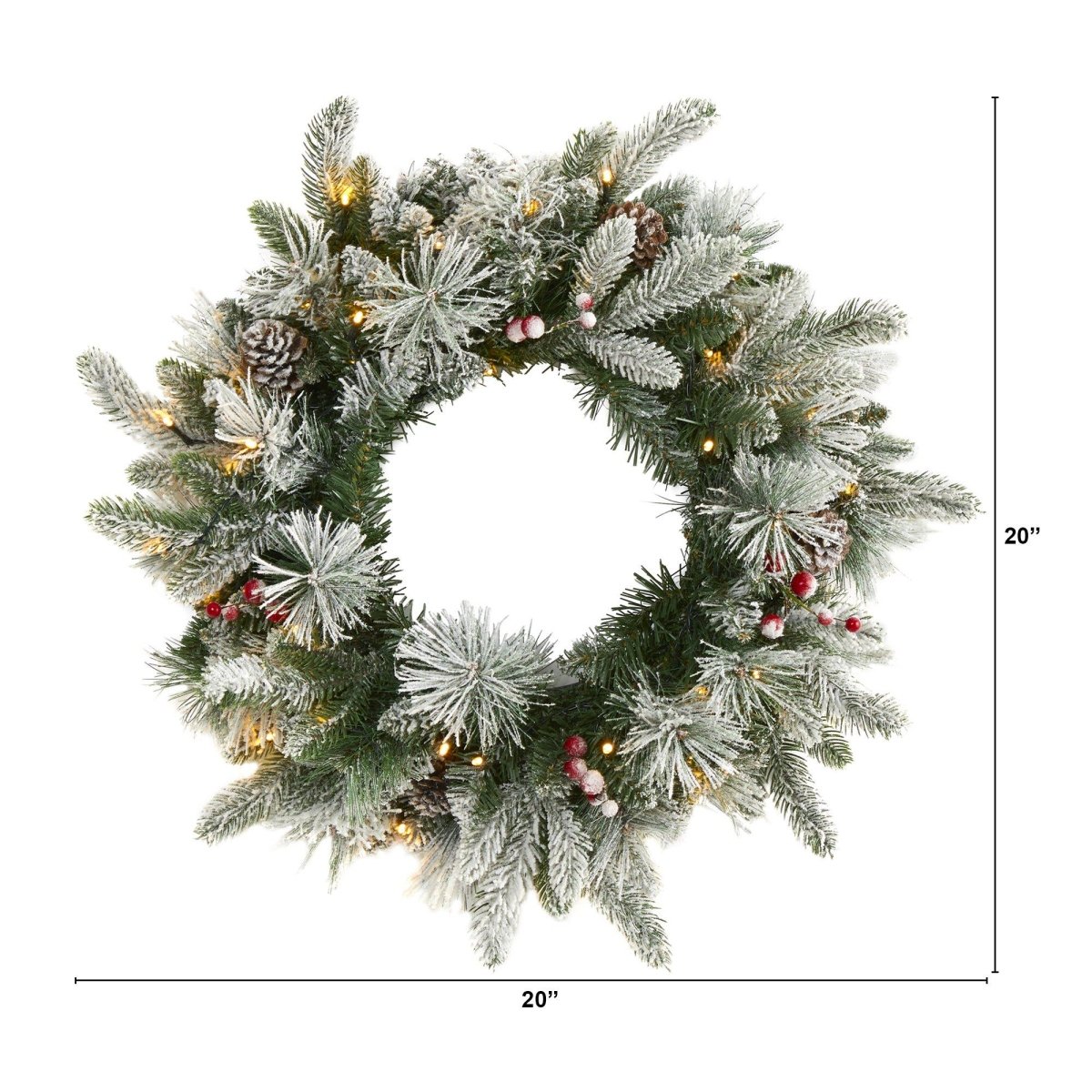 20'' Flocked Mixed Pine Christmas Wreath with LED Lights, Pine Cones & Berries