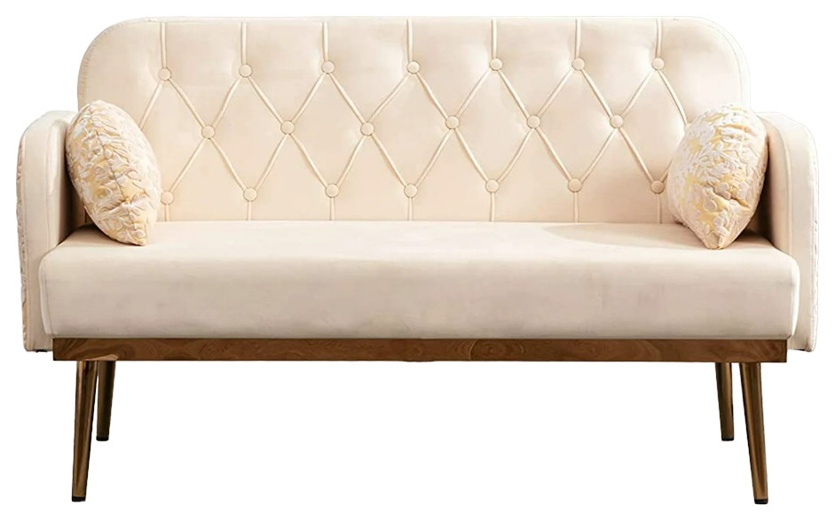 Contemporary Loveseat  Golden Metal Legs  ampButton Tufted Velvet Seat   Contemporary   Loveseats   by Declusia  Houzz