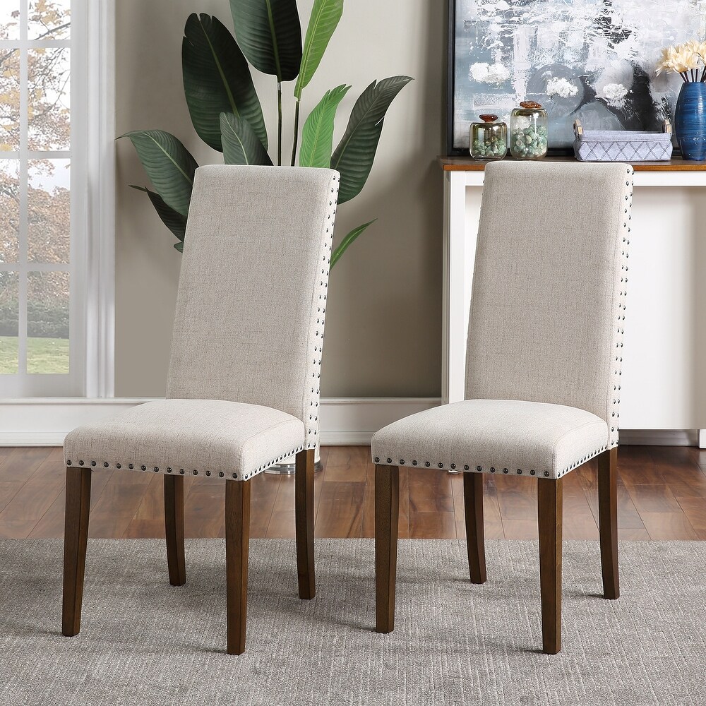 Linen Upholstered Seat Set of 2 Dining Chairs Fabric High back Chairs with Copper Nails   Wooden Legs Perfect for Restaurant