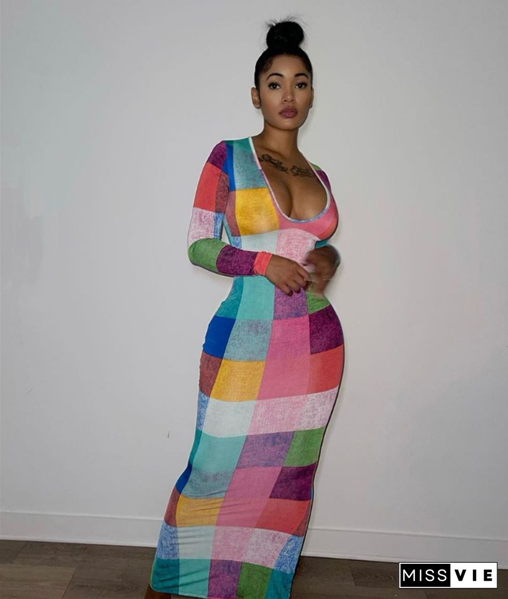 Colorful Plaid Printed Long Sleeve Bodycon Dresses