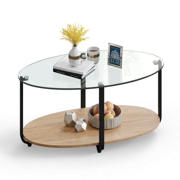 Costway Glass top Coffee Table 2 tier Modern Oval Side Sofa Table W Storage Shelf