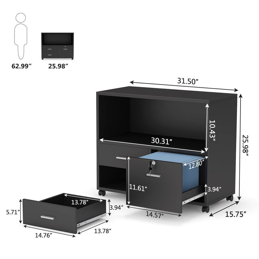 Tribesigns Frances Black Mobile Lateral Filing Cabinet with 3-Drawer and Open Storage Shelves TJHD-QP-1357