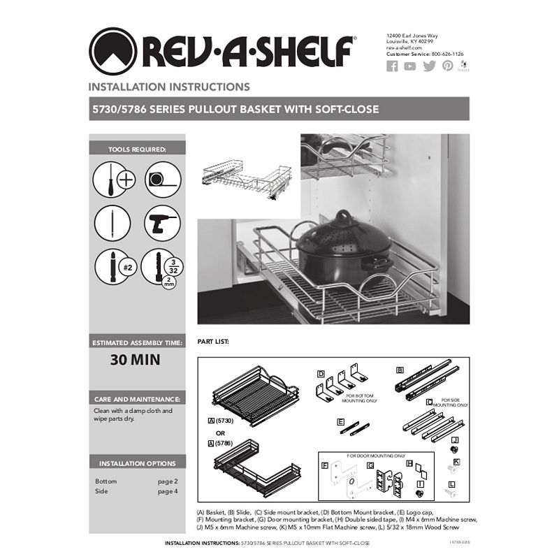 Rev-A-Shelf Pull Out Single Cabinet Basket with Soft Close， 15 x 22， 5730-15CR