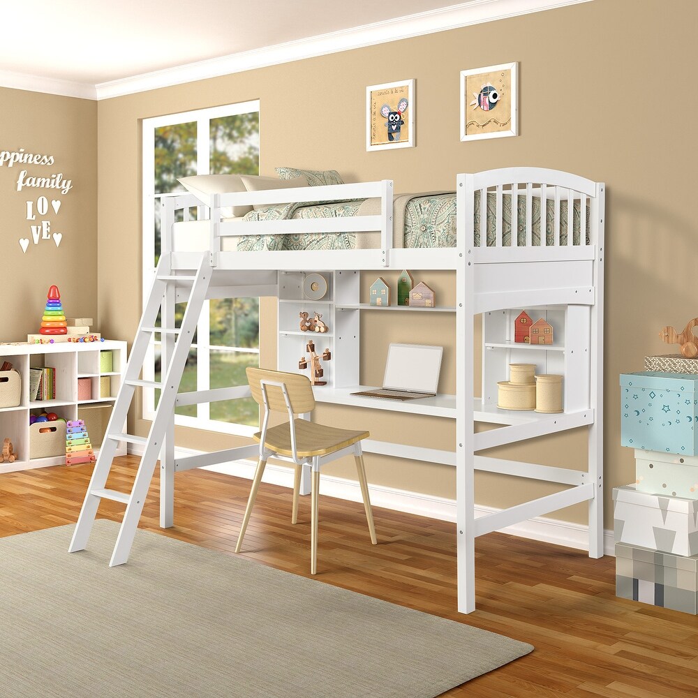 Multifunctional Design Twin size Loft Bed with Storage Shelves  Desk and Ladder