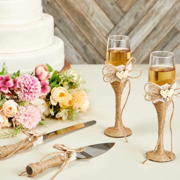 Juvale 4 Piece Rustic style Wedding Cake Knife And Server Set With Champagne Glasses For Bride And Groom Country Theme Wedding Supplies