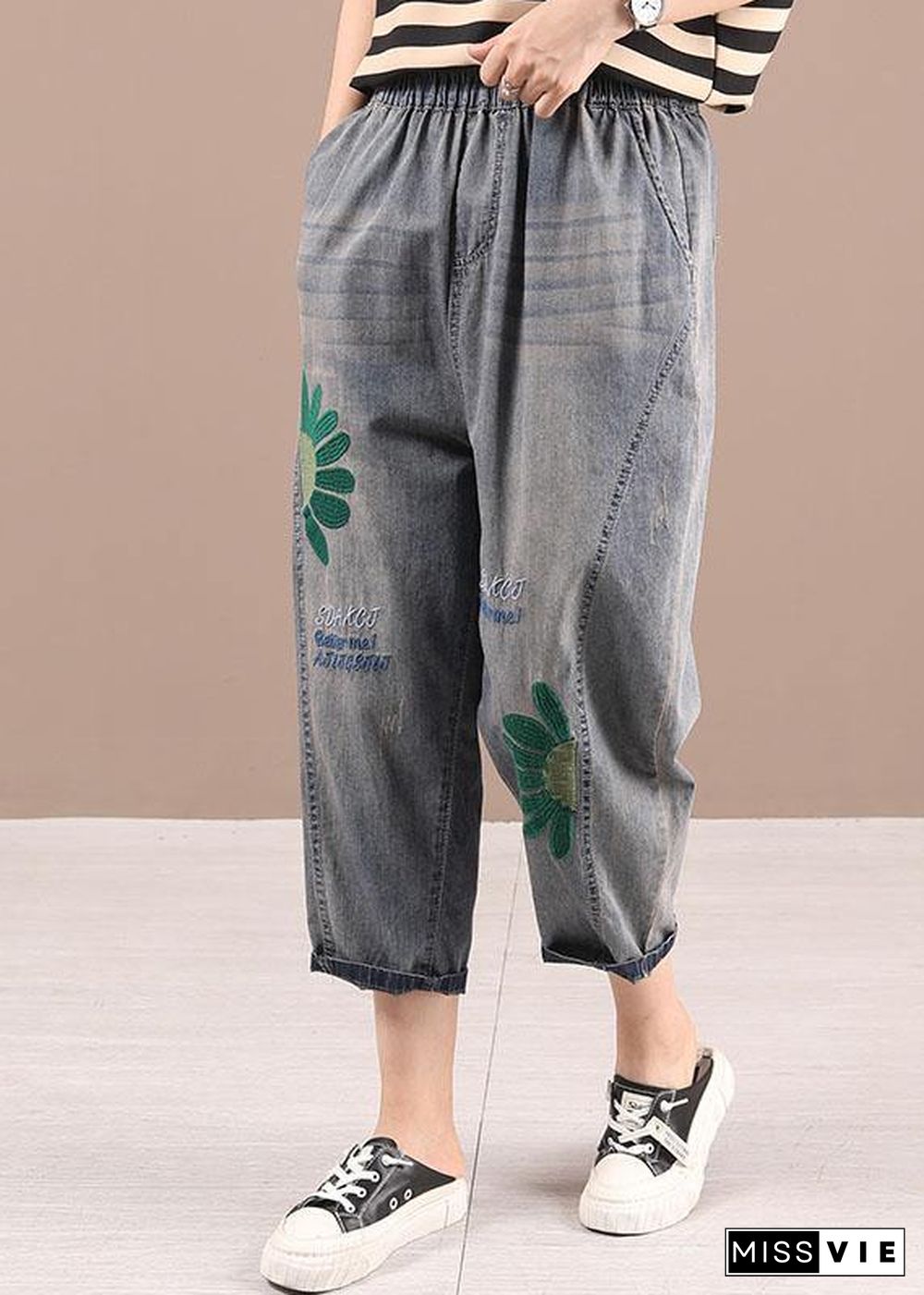 Organic Blue Embroideried Summer Regular Denim Pants