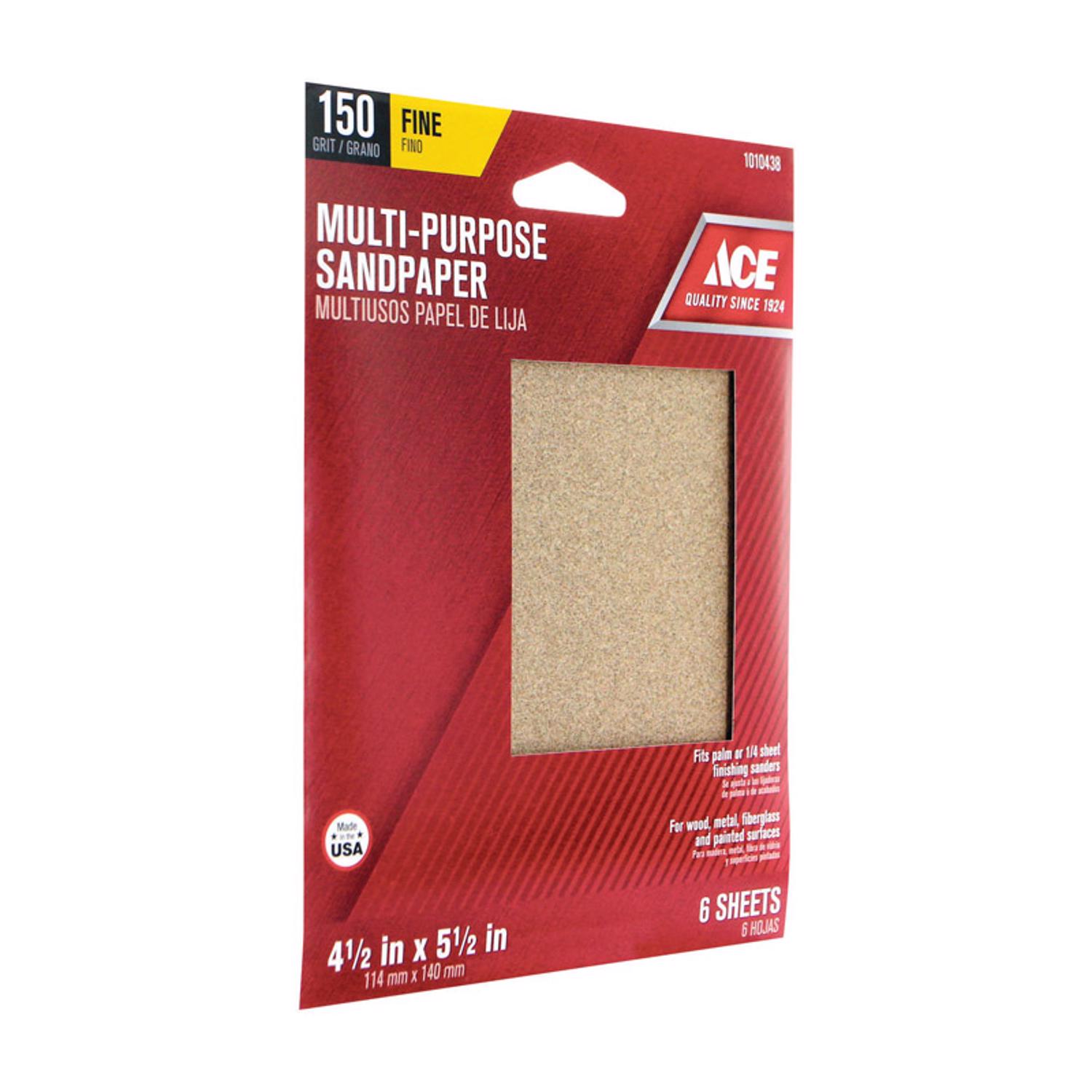 Ace 5-1/2 in. L X 4-1/2 in. W 150 Grit Aluminum Oxide 1/4 Sheet Sandpaper 6 pk