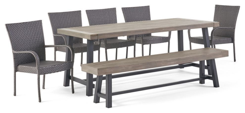 Lyons Outdoor Acacia Wood 8 Seater Dining Set With Dining Bench   Tropical   Outdoor Dining Sets   by GDFStudio  Houzz