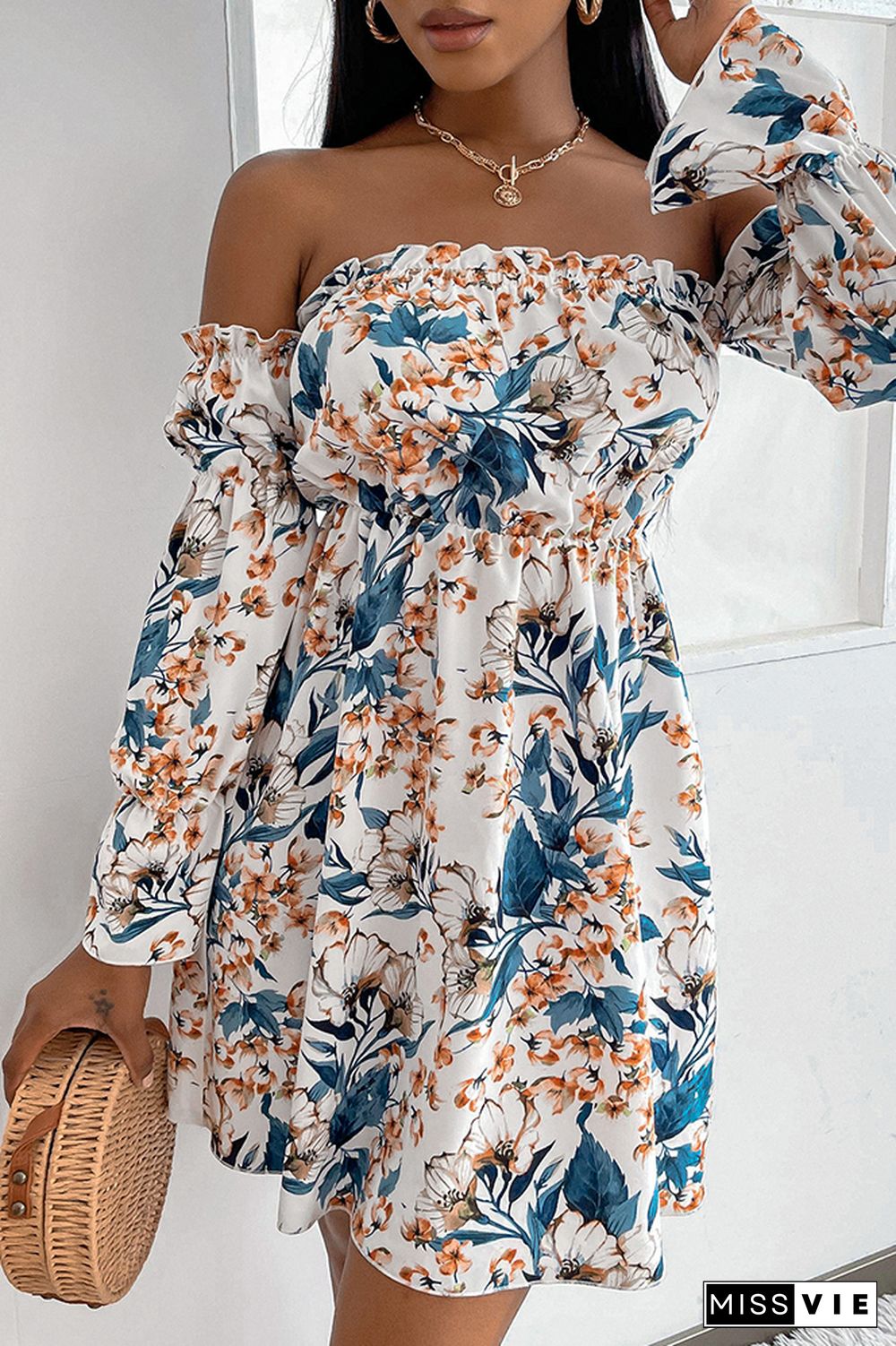 Off Shoulder Floral Print Long Sleeve Mini Dress Wholesale