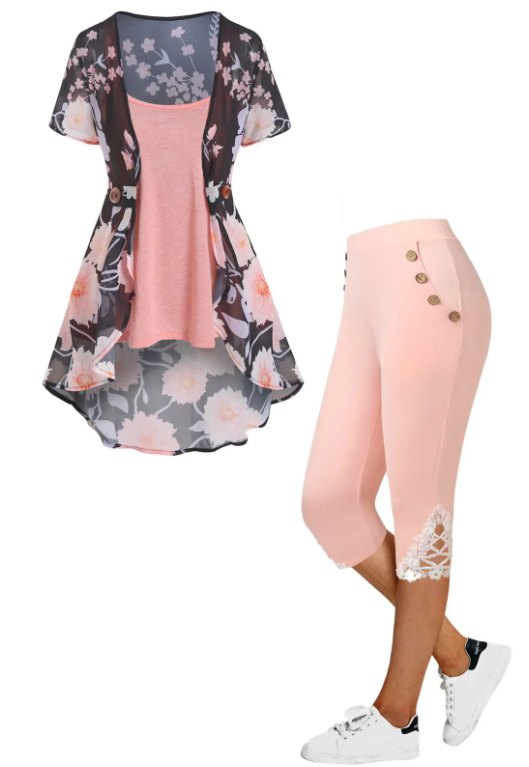 Flower Print Open Front Top Heathered Camisole And Lace Applique Capri Leggings Casual Outfit