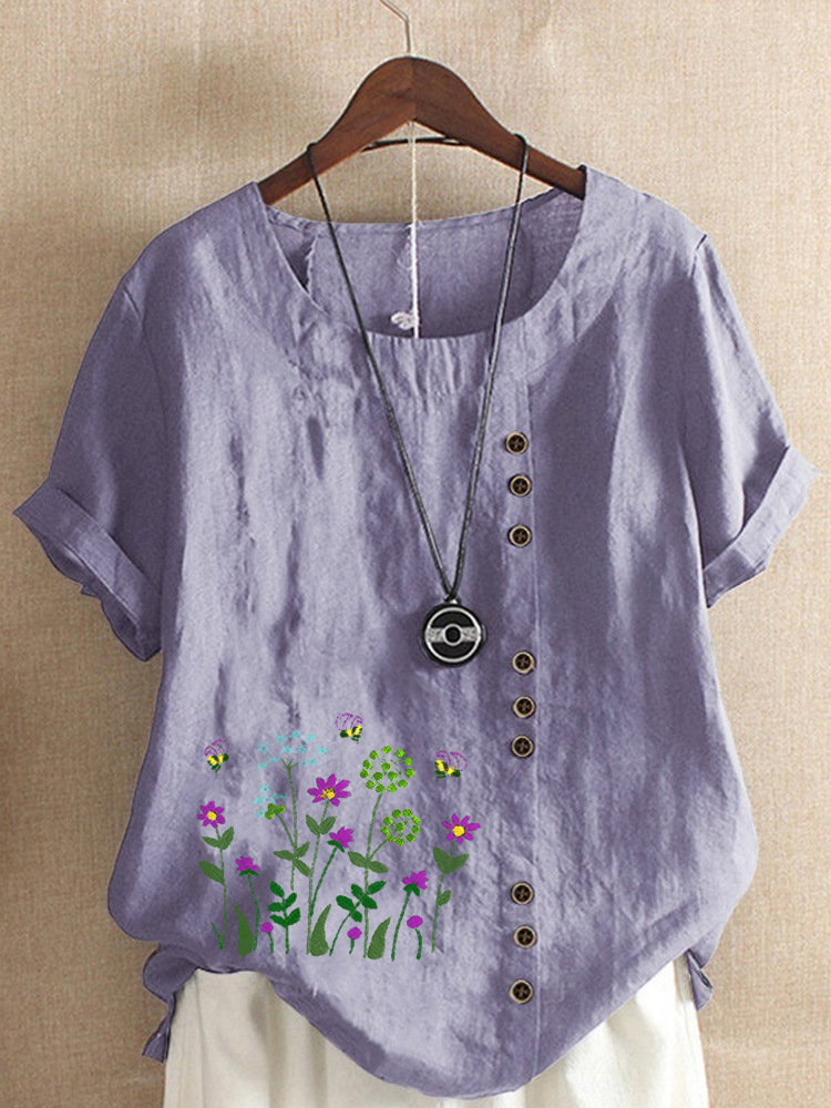 Round Neck Casual Loose Floral Print Short Sleeve Blouse