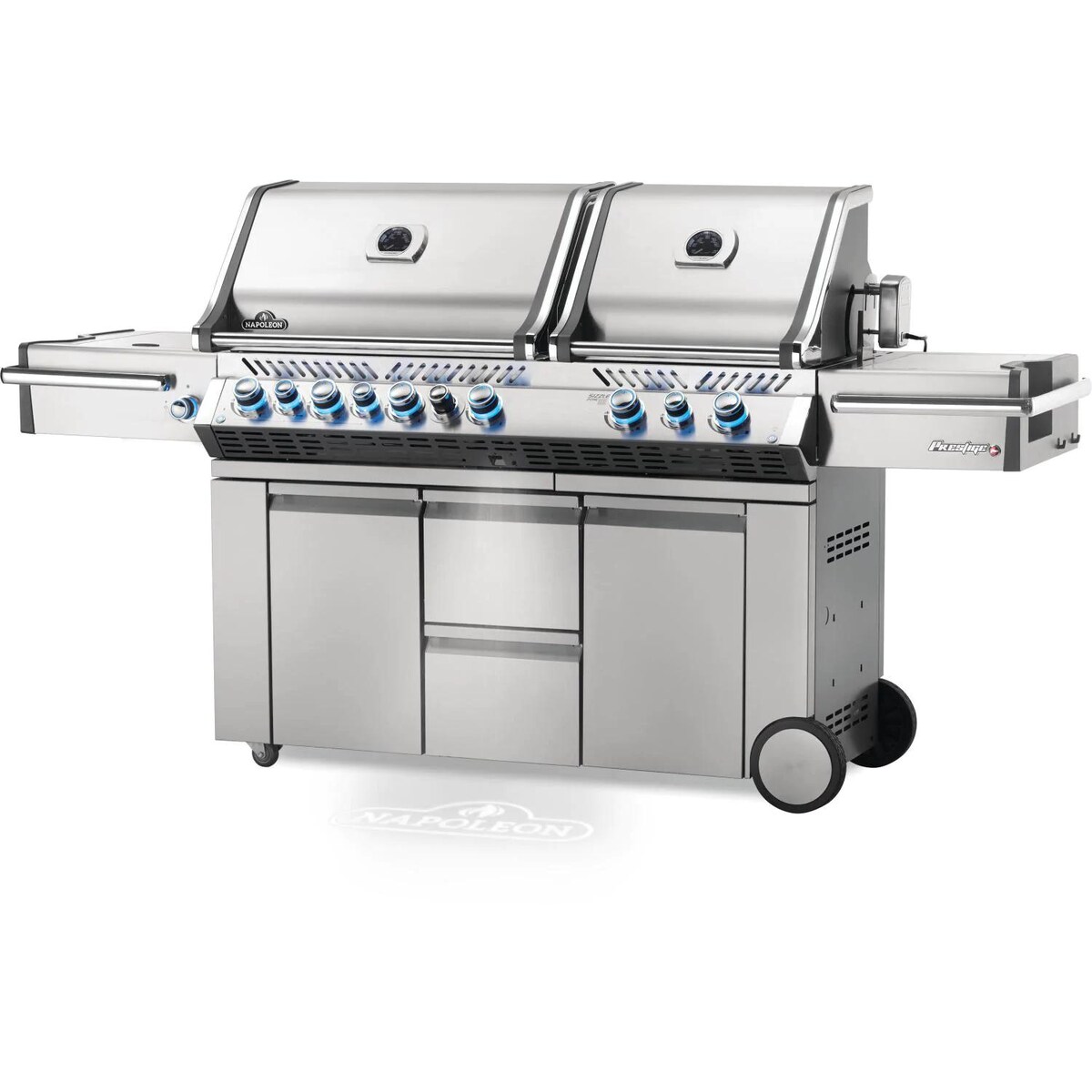 Napoleon Prestige PRO 825 Propane Gas Grill with Infrared Rear Burner， Double Infrared Sear Burner and Side Burner and Rotisserie Kit