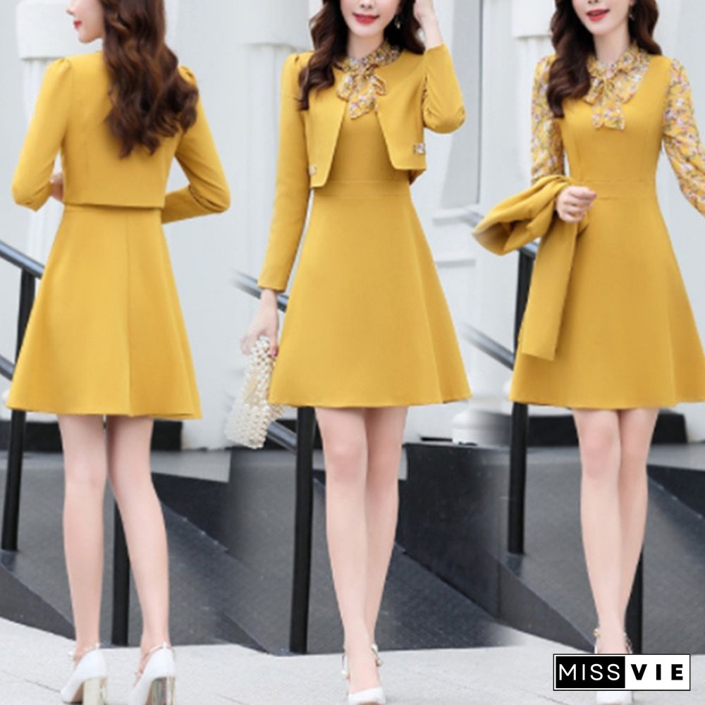 Women Office Wear Long Dress Suits Pink Yellow Green Dresses Suit 2 Pieces Set Outfit Clothes Womens Short Jacket And Dress