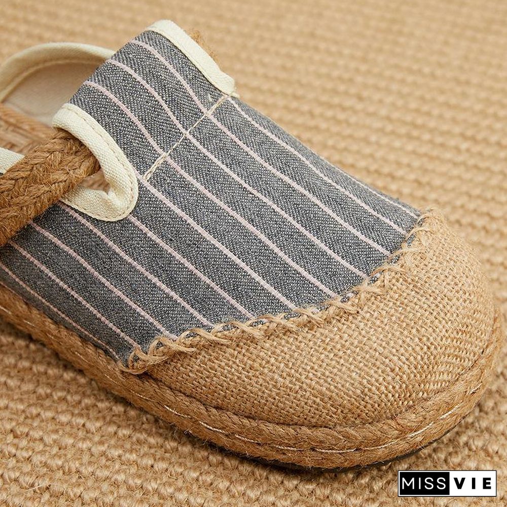 Fitted Slippers Shoes Beige Striped Cotton Linen Fabric