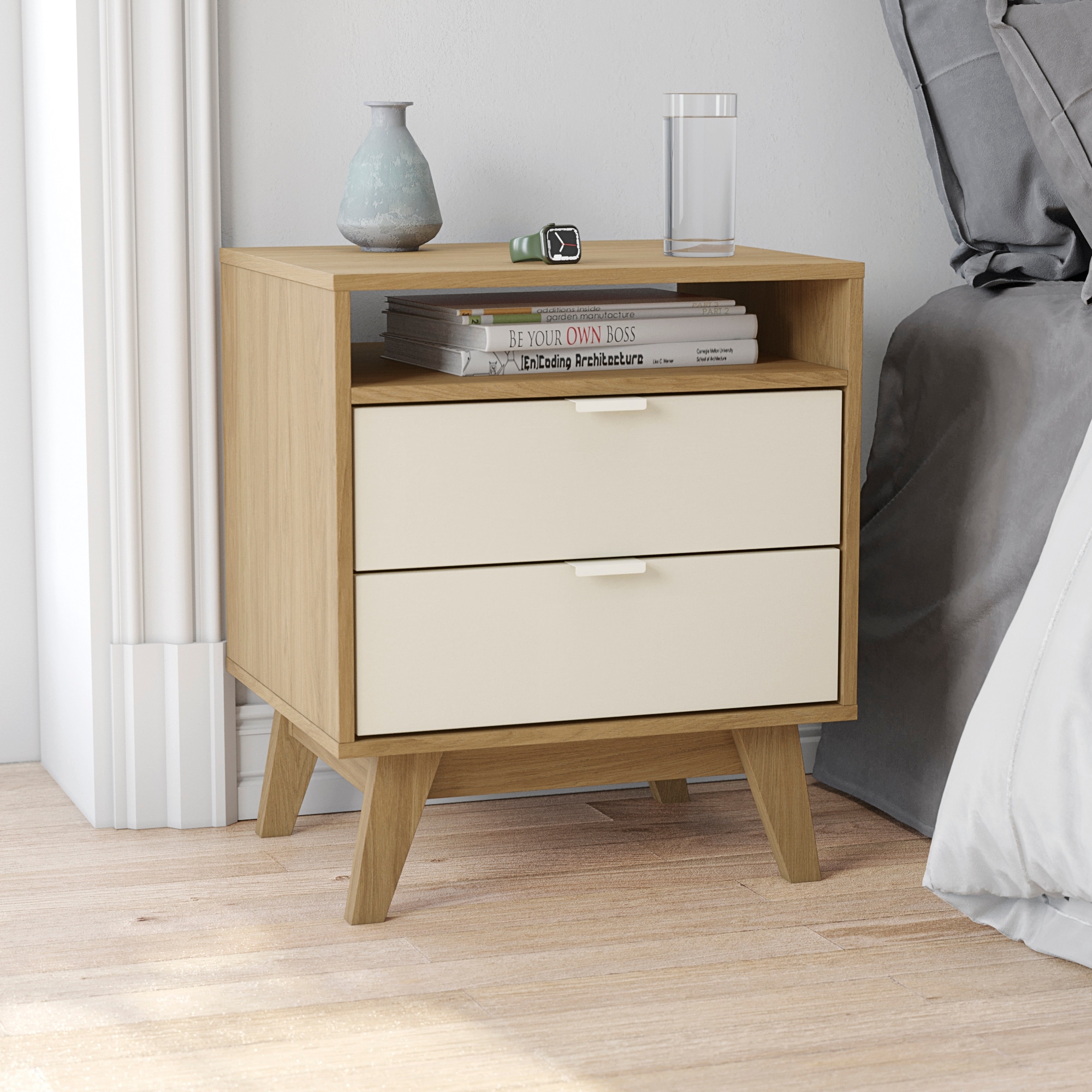 Hartford 2 Drawer Nightstand with Niche in Light Brown Crème - - 37050778