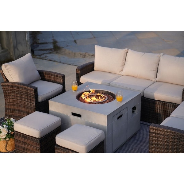 7Piece Patio Brown Rattan Wicker Conversational Sofa Set with Fire Pit Table and Storage Box