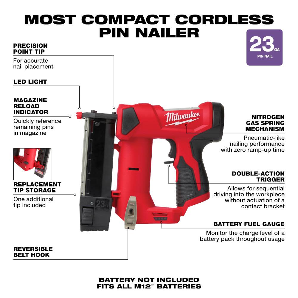 Milwaukee M12 Pin Nailer 23ga Bare Tool Reconditioned