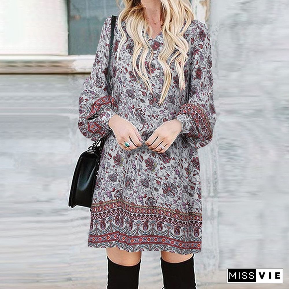 Women Spring Long Puff Sleeve Bohemian Travel Plus Size Mini Shirts Dresses Retro Floral Short Dress