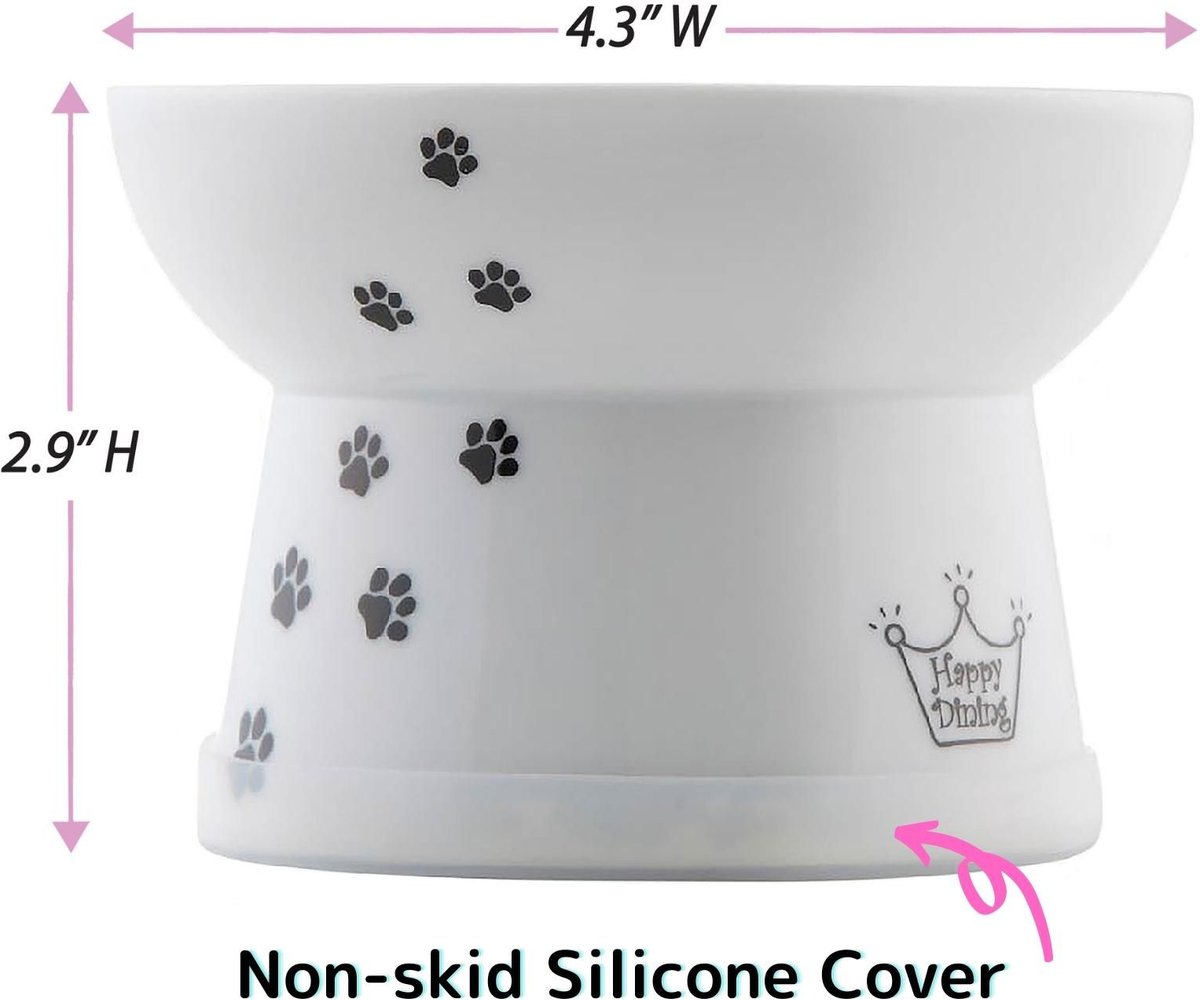 Necoichi Ceramic Elevated Dog and Cat Food Bowl， White Paw Print