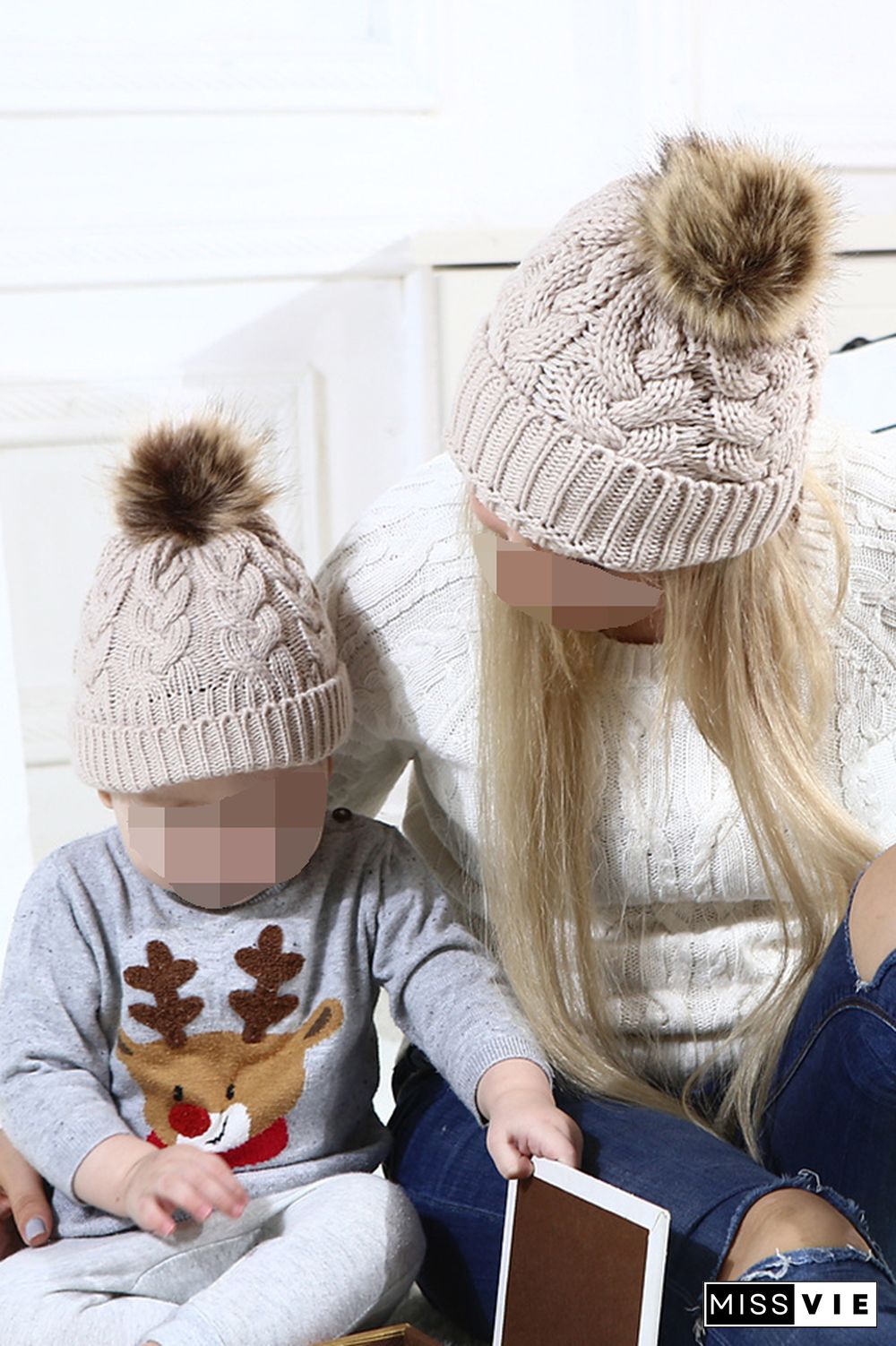 Solid Parent-child Coarse Twist Knitted Hat 2pcs Set Wholesale MOQ3pcs