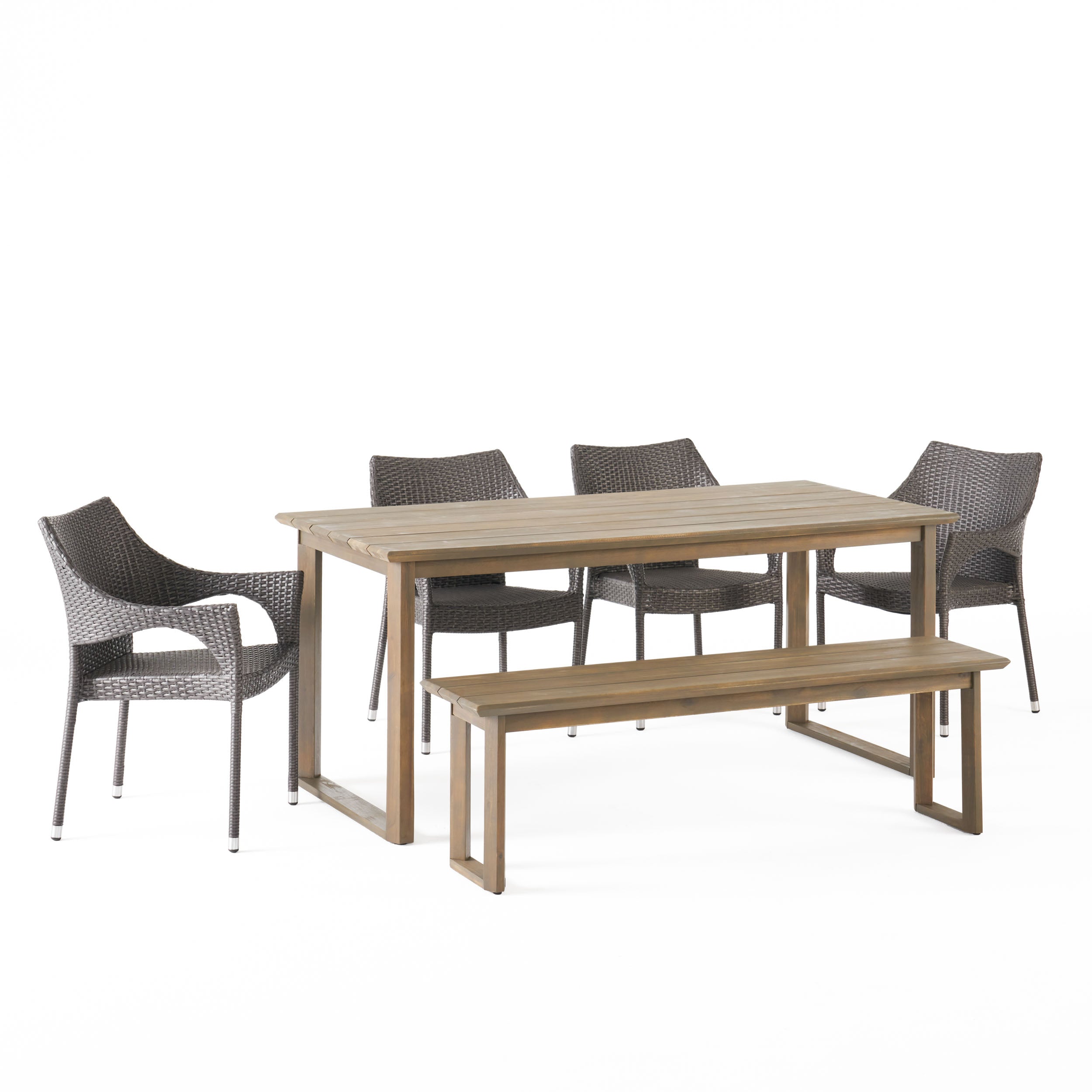 Ellendale Outdoor Acacia Wood and Wicker 6 Piece Dining Set with Bench