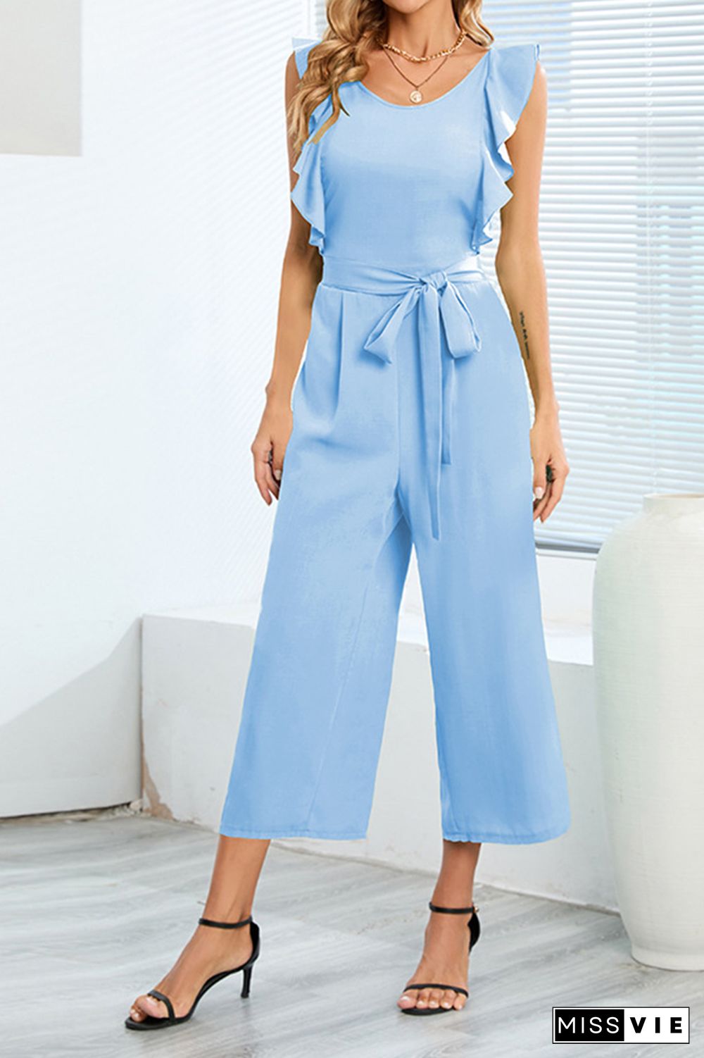 Plain Flutter Sleeveless Wide Leg Jumpsuit