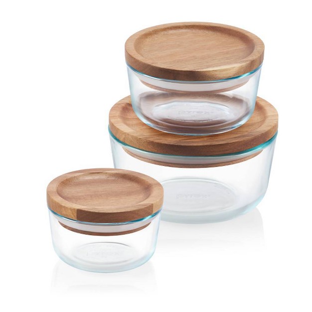 Pyrex 6pc Glass Round Food Storage Container Set With Wooden Lids