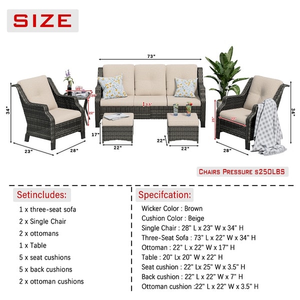 Cozywor 6Piece Outdoor Patio Swivel Rocking Wicker Conversation Lounge Chairs with Side Table and Ottoman