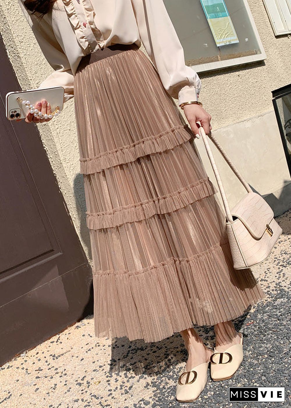 Cute Khaki High Waist Wrinkled Tulle Cake Skirt Spring