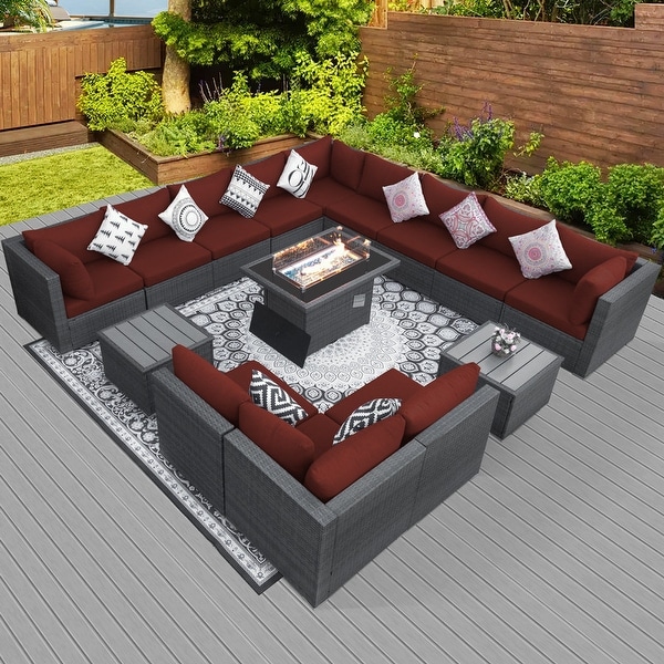 Nicesoul Outdoor Grey Wicker Sectional Furniture Patio Sofa Set with Firepit Table