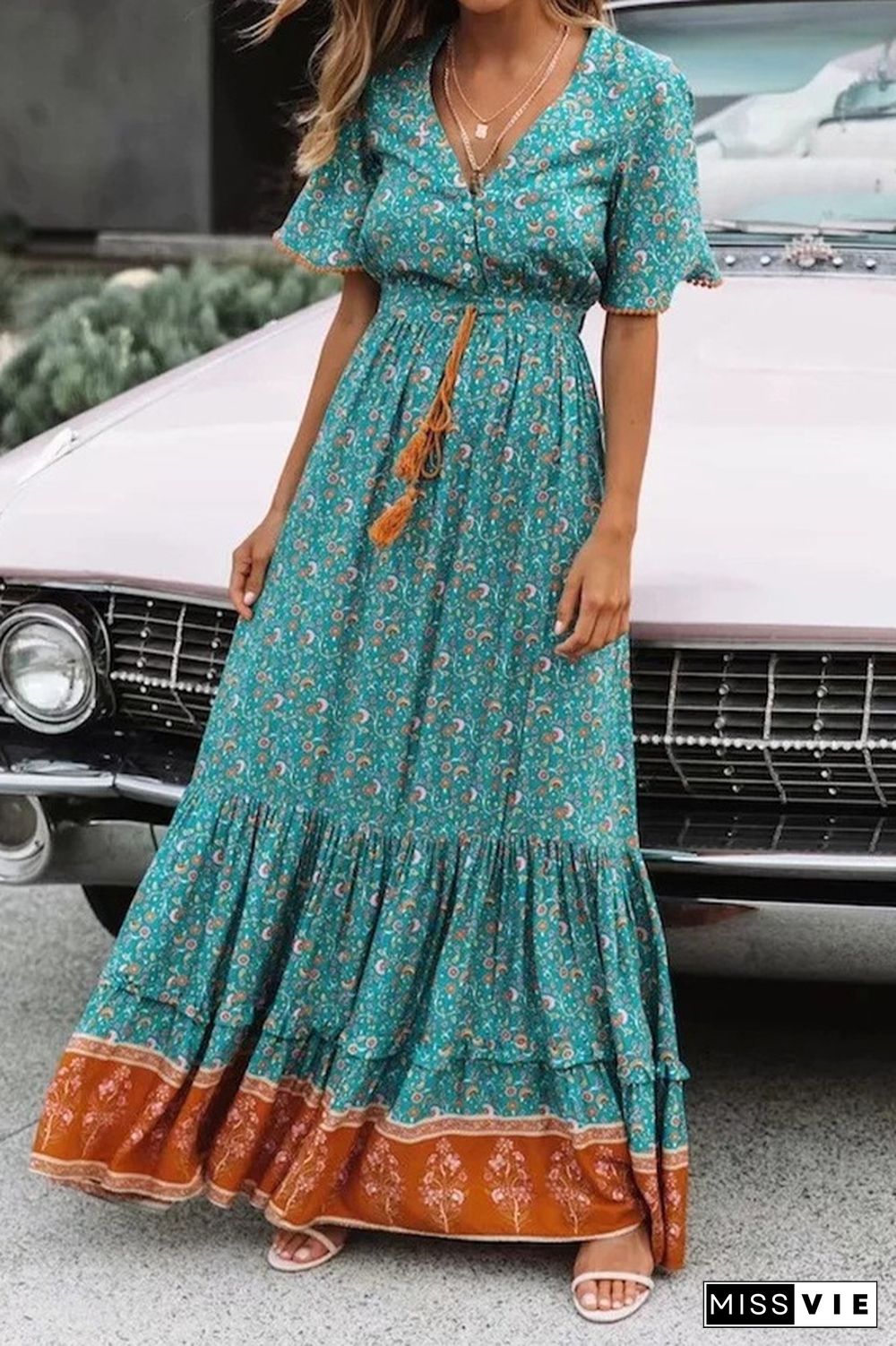 V Neck Buttoned Boho Print Maxi Dress