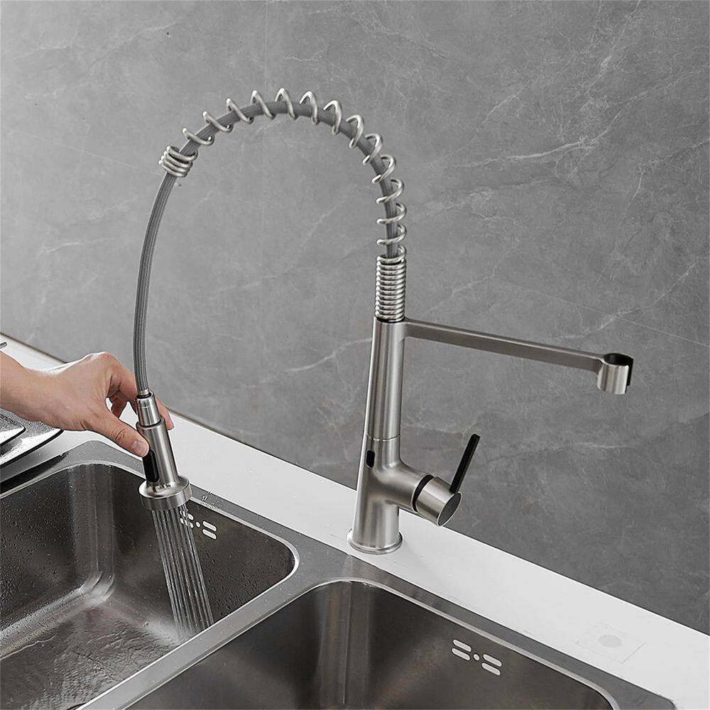 FLG Touchless Kitchen Sink Faucet With Pull Down Sprayer Commercial Single Handle Sensor Automatic Brass Taps Brushed Nickel CC-0053-BN