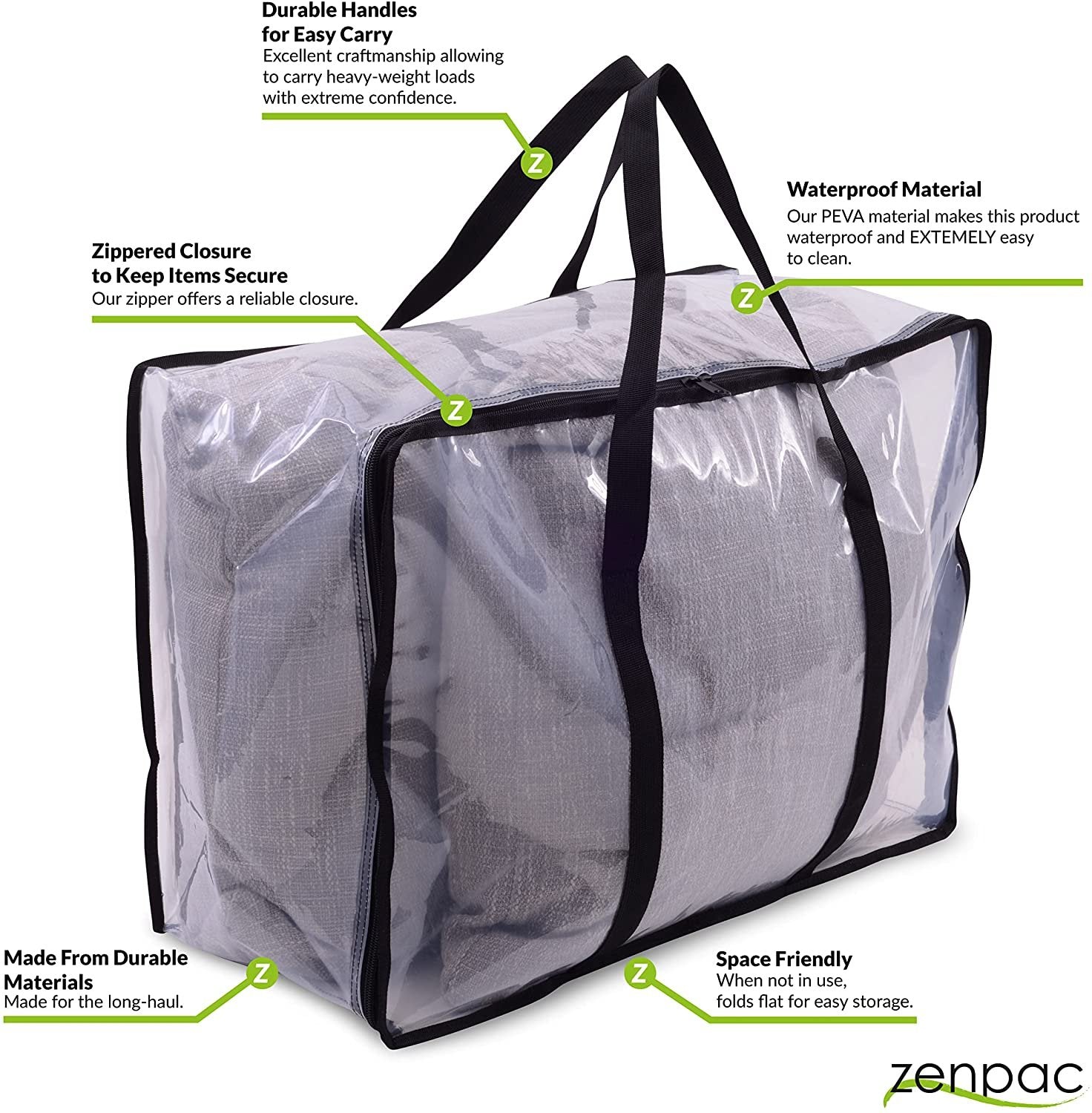 Zenpac- Clear Plastic Blanket Storage Bags with Zipper and Handles, 3 Pack 21.6x10x15.7