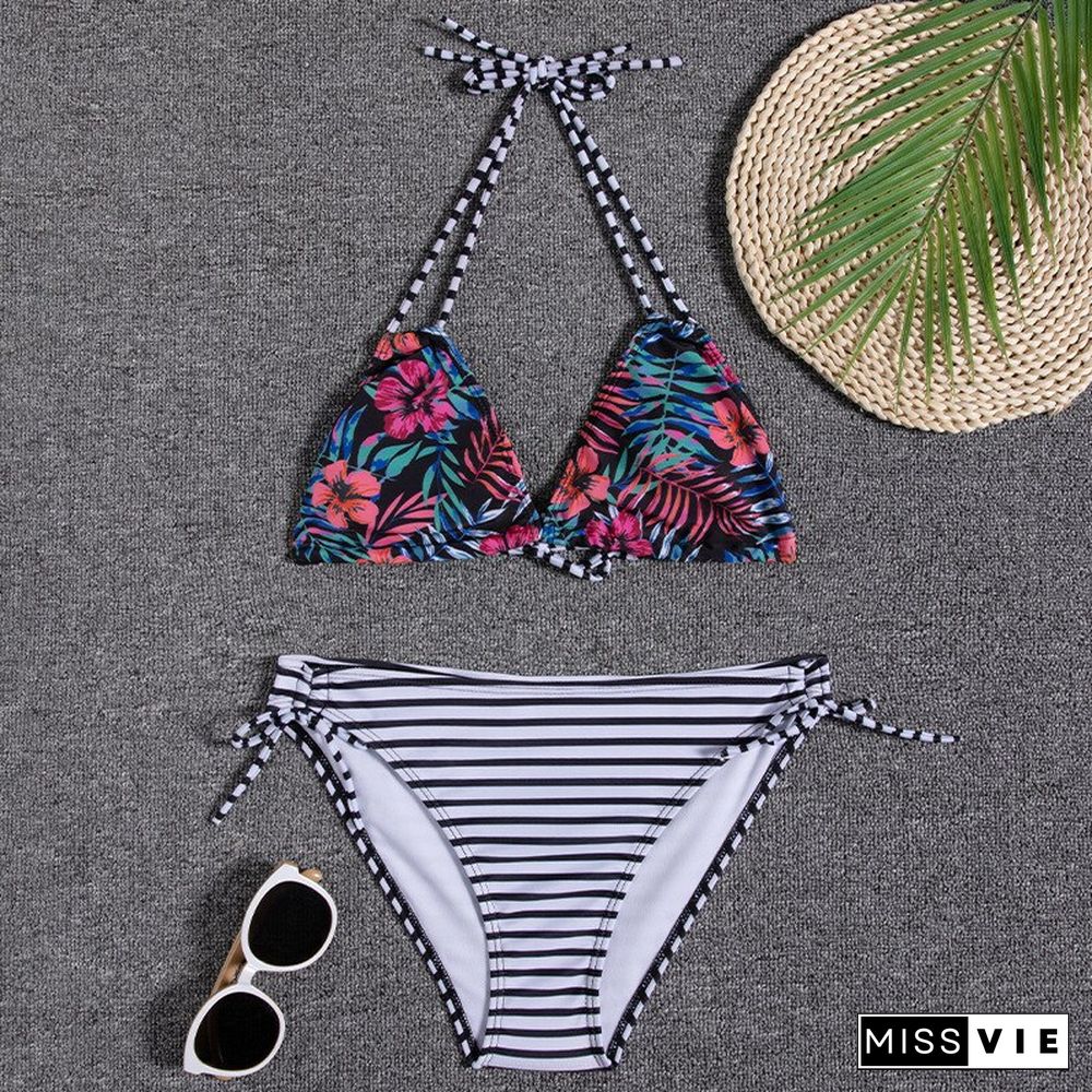 New Multi-color Printed Neck Strap Halter Sexy Split Bikini Swimsuit Ladies 2-piece Swimsuit Swimming Suit For Women Bikini Set