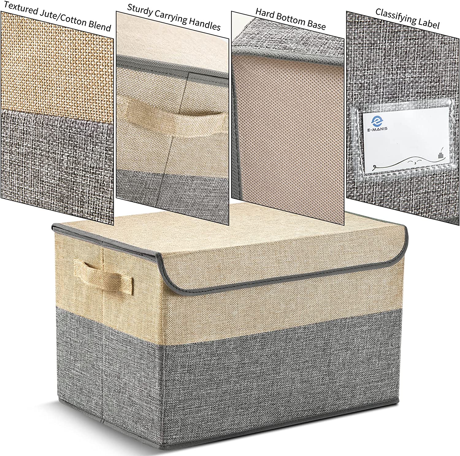 E-MANIS Storage Bins with Lids set of 3 Foldable Storage Boxes with Lids  for Toys,Clothes and Books (Grey and Beige)