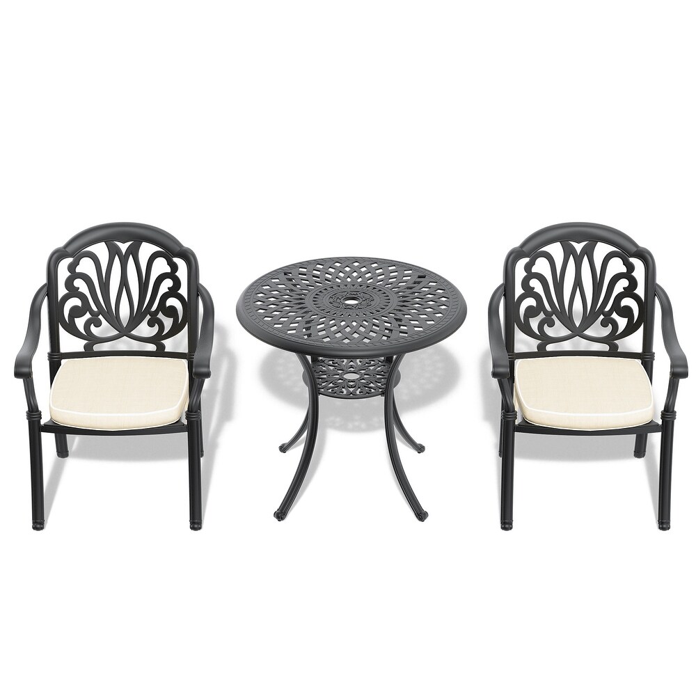3 Piece Black Cast Aluminum Patio Furniture with Cushions In Random Colors