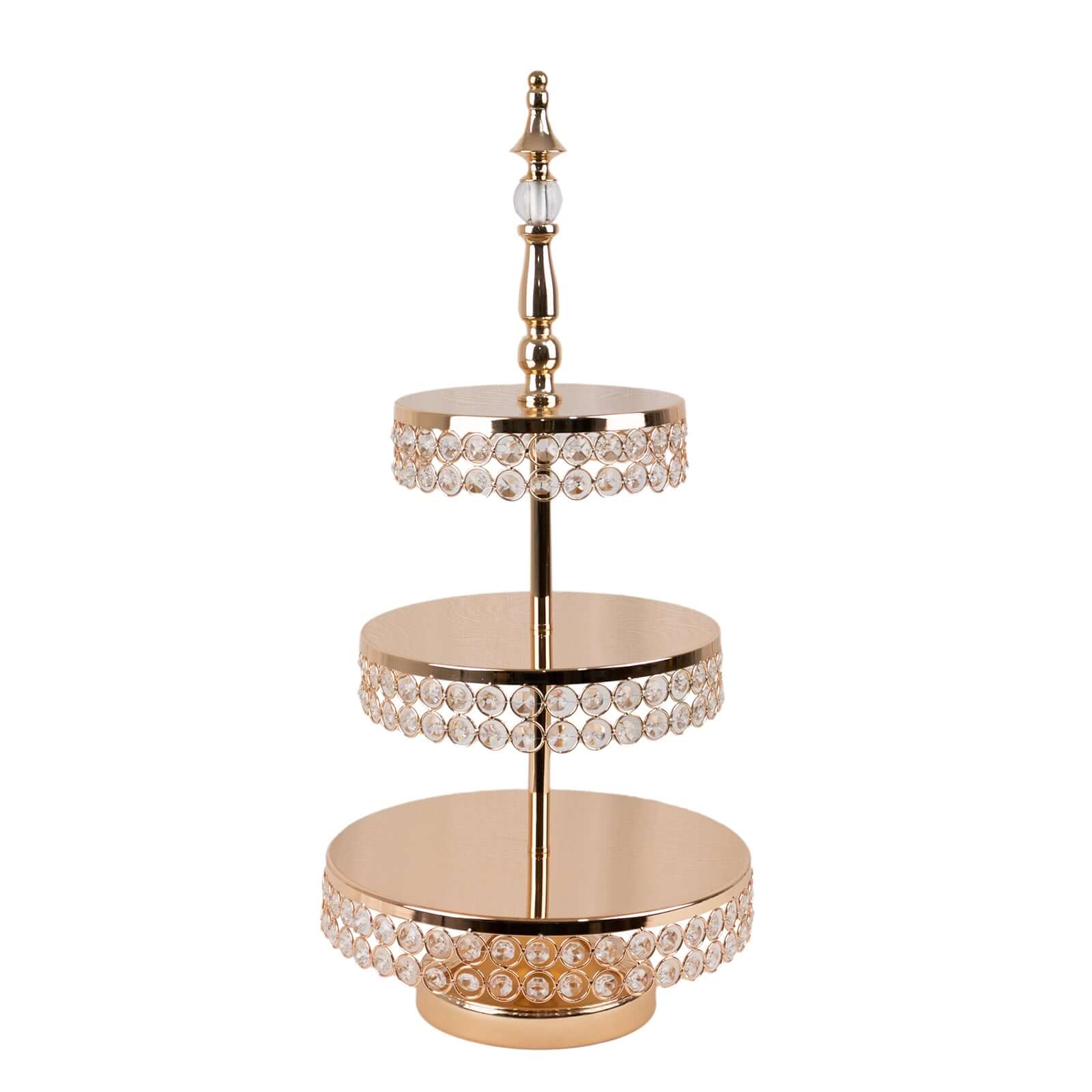 3-Tier Crystal Beaded Gold Metal Cake Stand, Cupcake Tower Dessert Display Stand with Round Mirror Top - 26