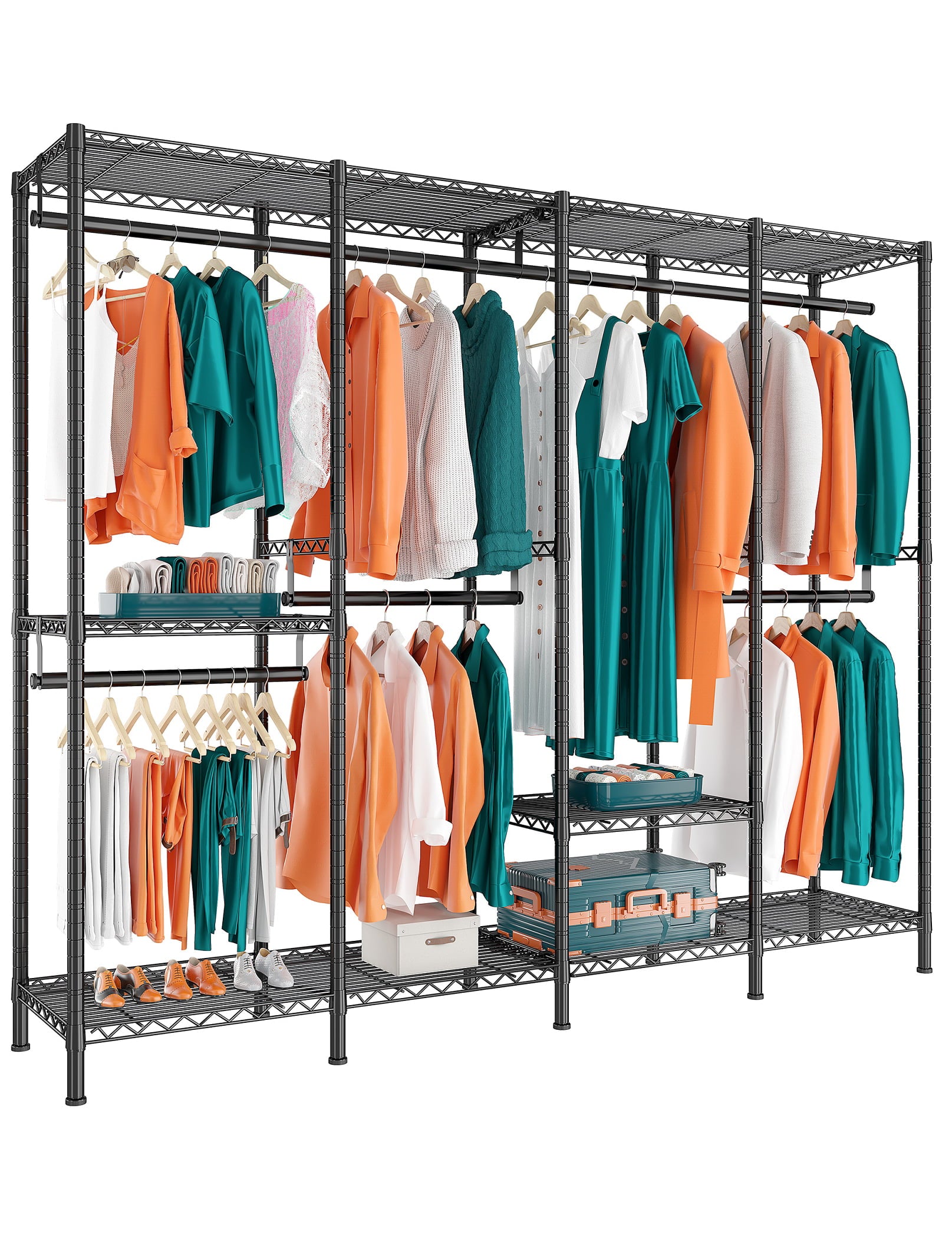 Raybee 76"L x 77"H Wire Garment Rack Heavy Duty Clothing Racks for Hanging Clothes Portable Freestanding Closet Rack with Shelves Metal Clothes Rack, 990 lbs Max Loads Black