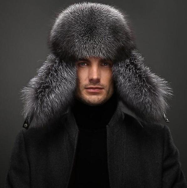 Men's Fur Hat Winter Warm Fur Cap Fox Fur Leather Russia Aviator Hats For Outdoor