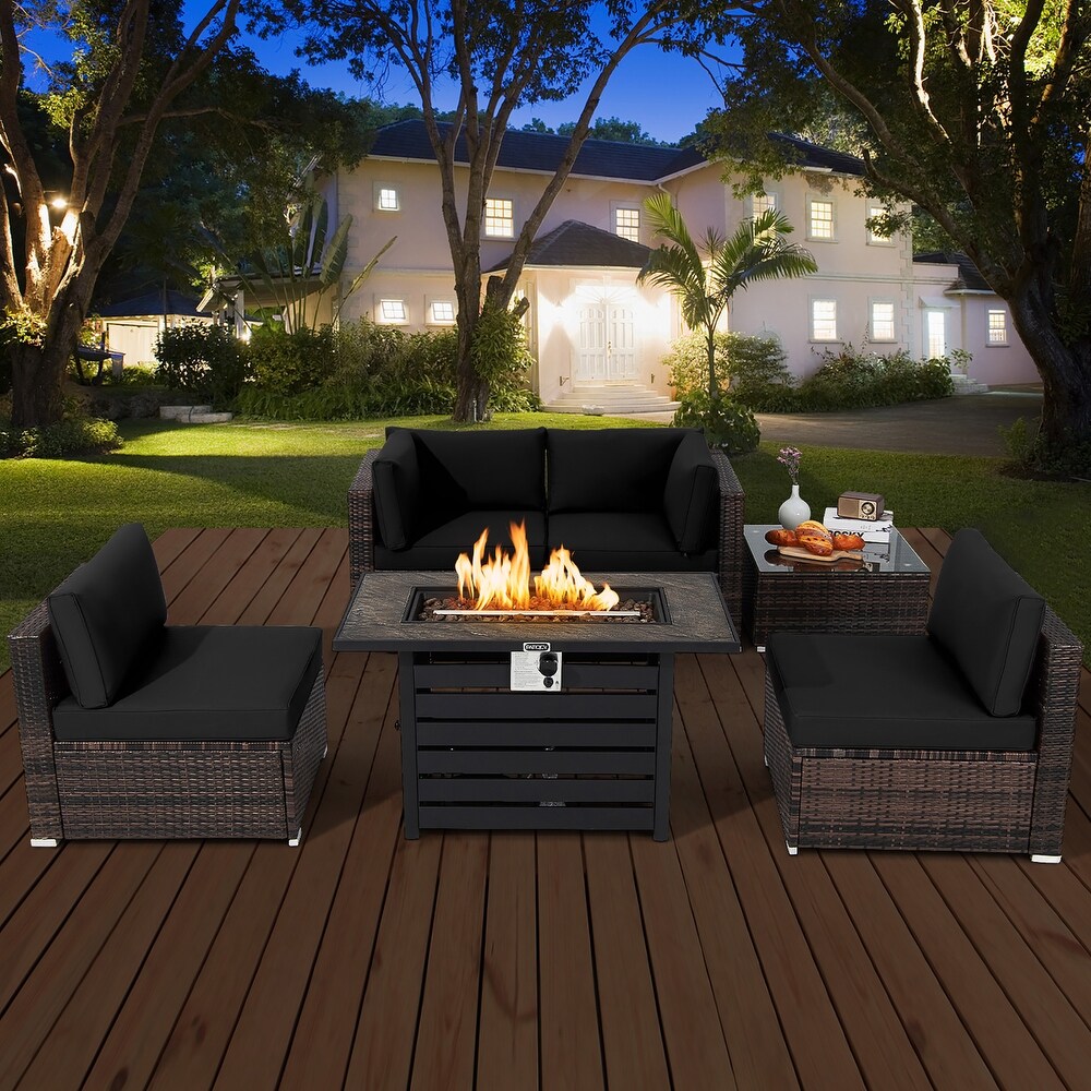 Costway 6PCS Patio Rattan Furniture Set 42'' Fire Pit Table Cover Sofa   See Details