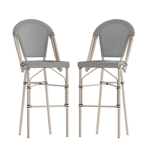 Merrick Lane Set Of Two Stacking French Bistro Style Bar Stools With Textilene Backs And Seats And Metal Frames For Indoor outdoor Use