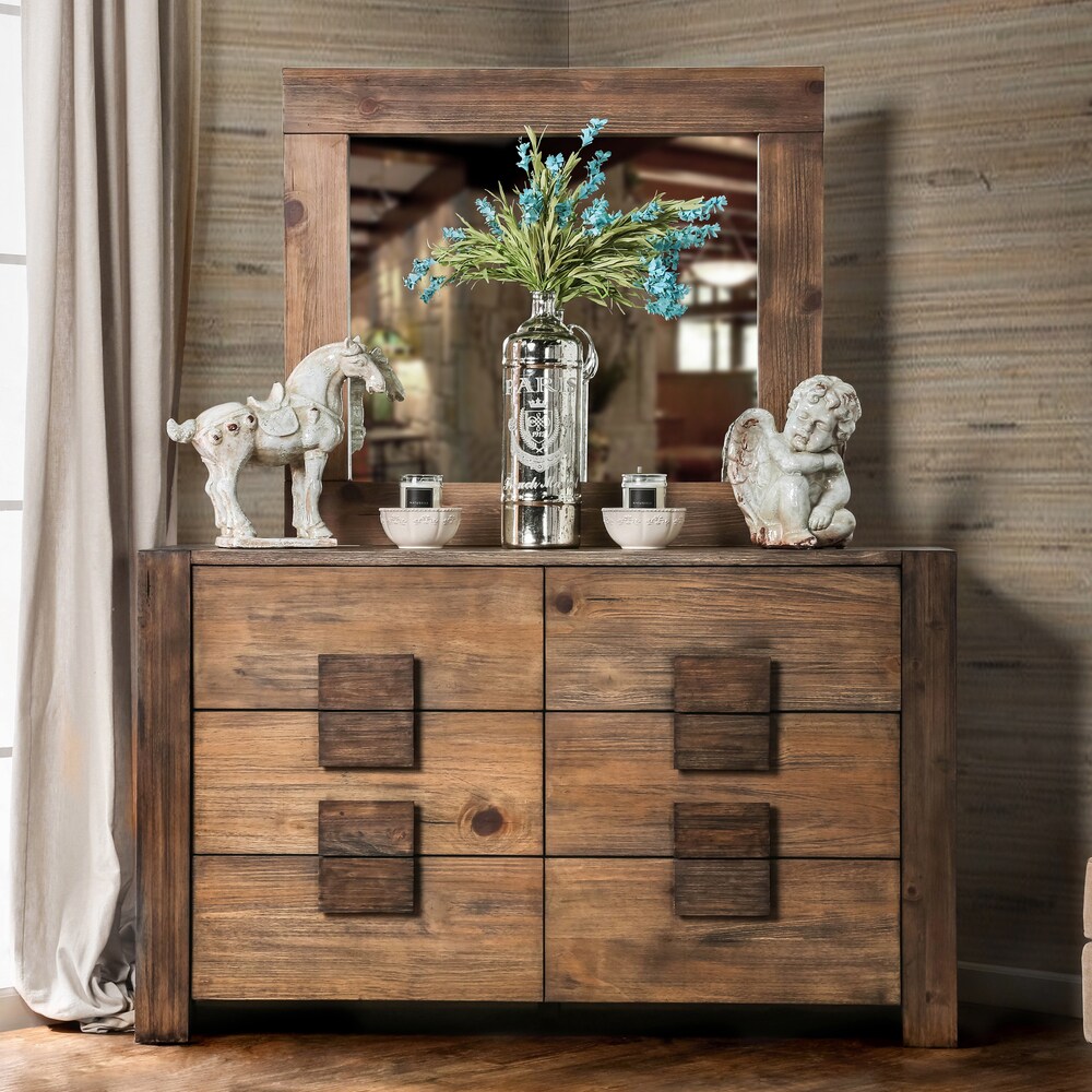 Shaylen Rustic Natural Tone Wood 6 Drawer 2 Piece Dresser and Mirror Set by Furniture of America