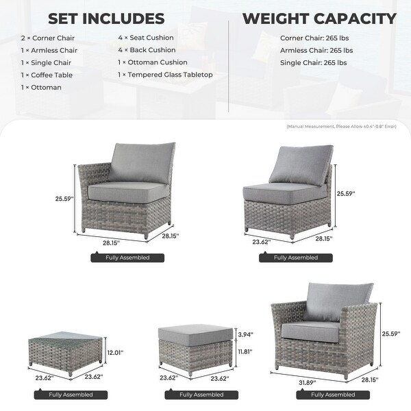 HOOOWOOO Patio Furniture Outdoor 6piece Grey Rattan Sectional Set with Ottoman