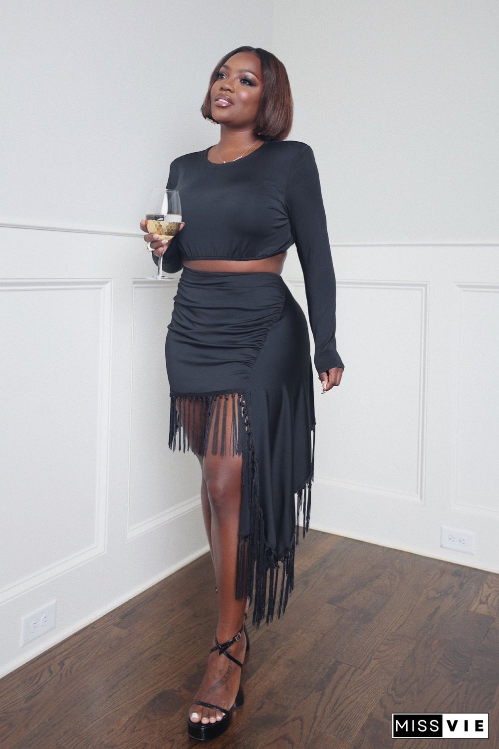 Autumn Fashion Solid Color T-shirt Fringed Skirt Two-piece Set