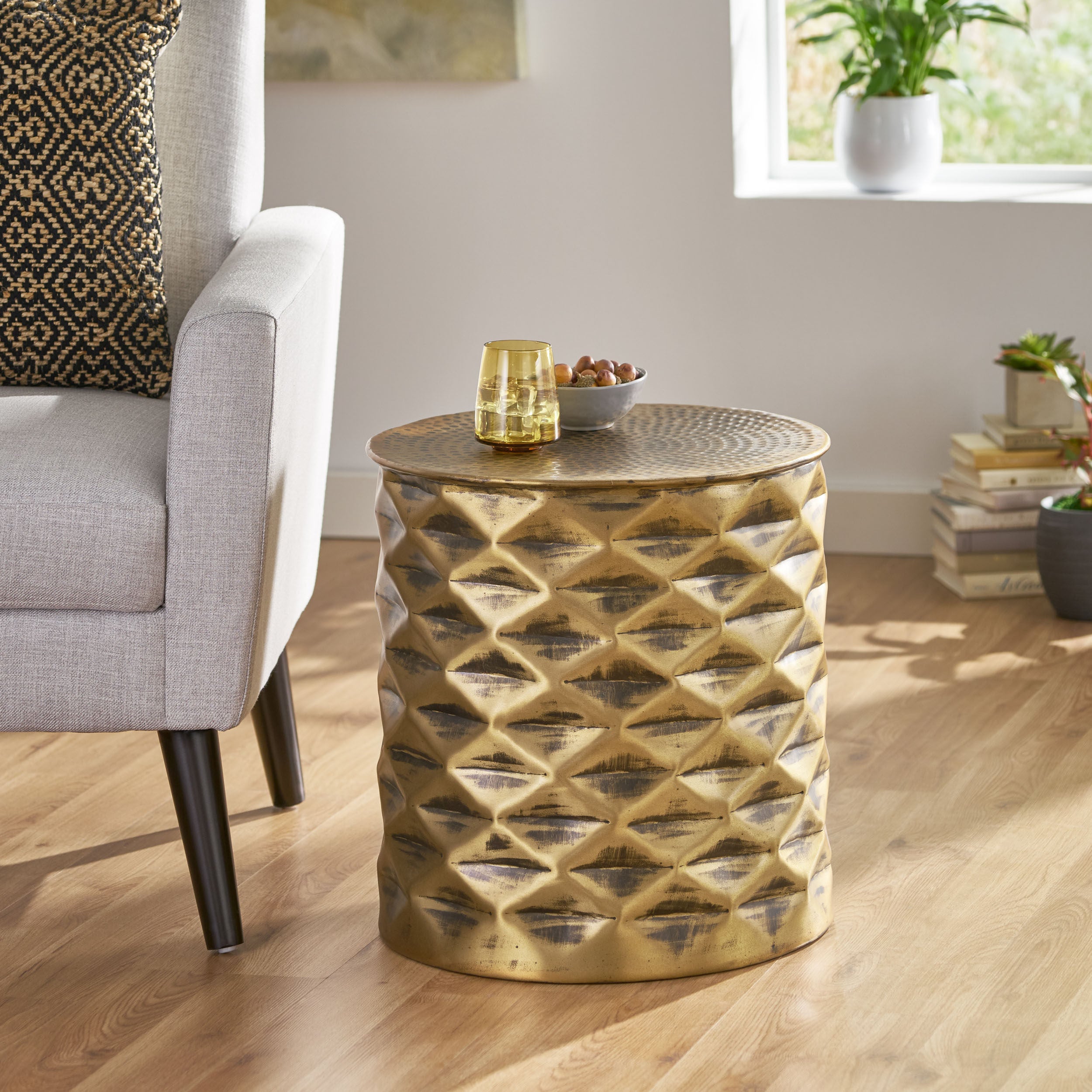 Ella Modern Glam Handcrafted Diamond Pattern Aluminum Side Table