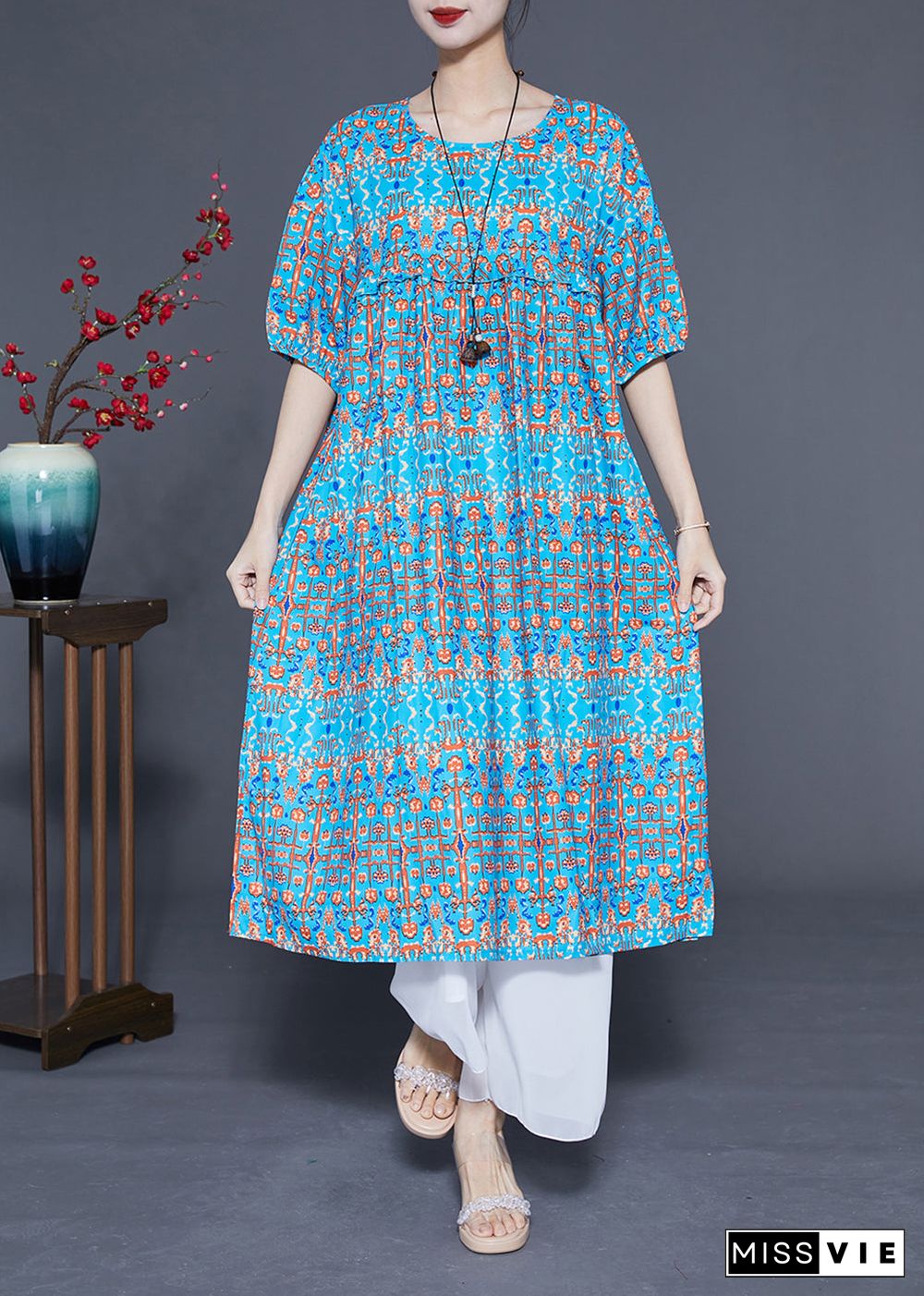 Stylish Blue Ruffled Print Silk Long Dresses Summer