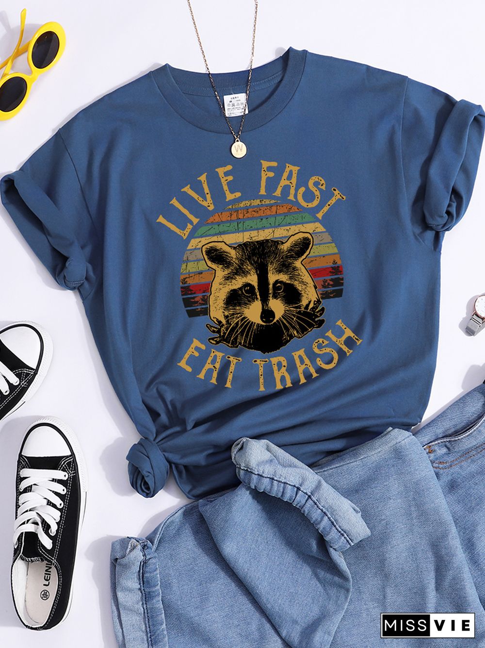 Live Fast Eat Trash Stray Raccoon Print Women T Shirt Fashion Casual Tshirt Street Hip Hop Crop Top Harajuku Sport Cool T-Shirts