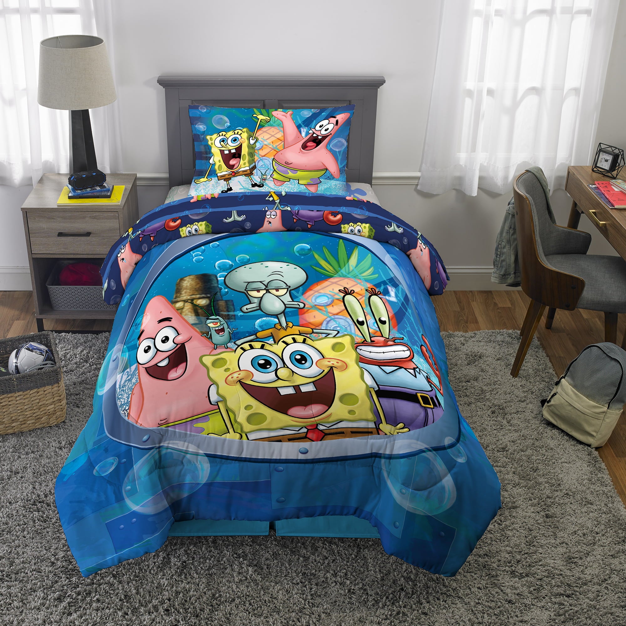 SpongeBob SquarePants Kids Comforter and Sham， 2-Piece Set， Twin/Full， Reversible， Blue